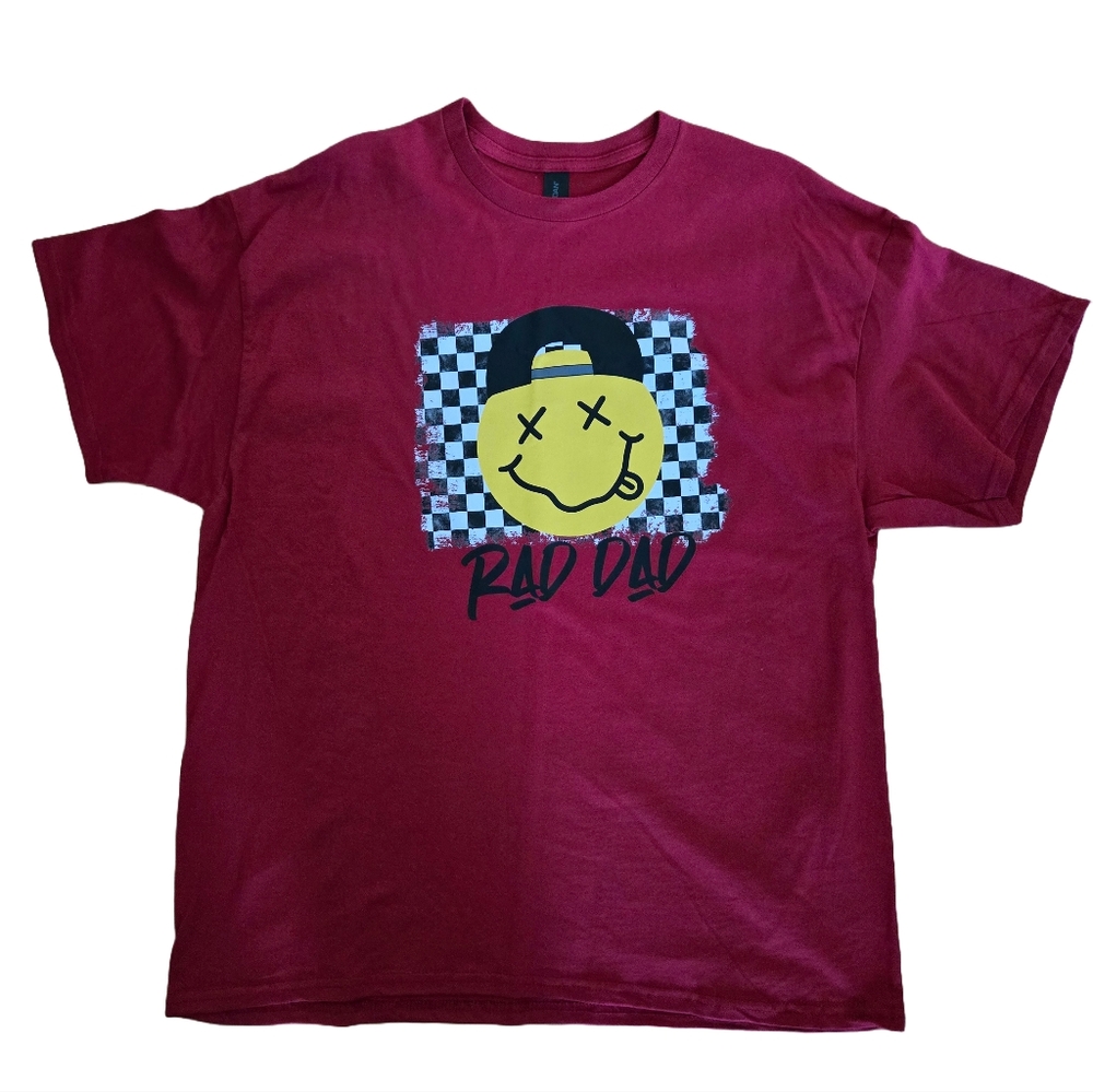 Men’s XL Rad Dad Tee | Smiley Face Shirt | Retro Red Checkered Graphic Gift